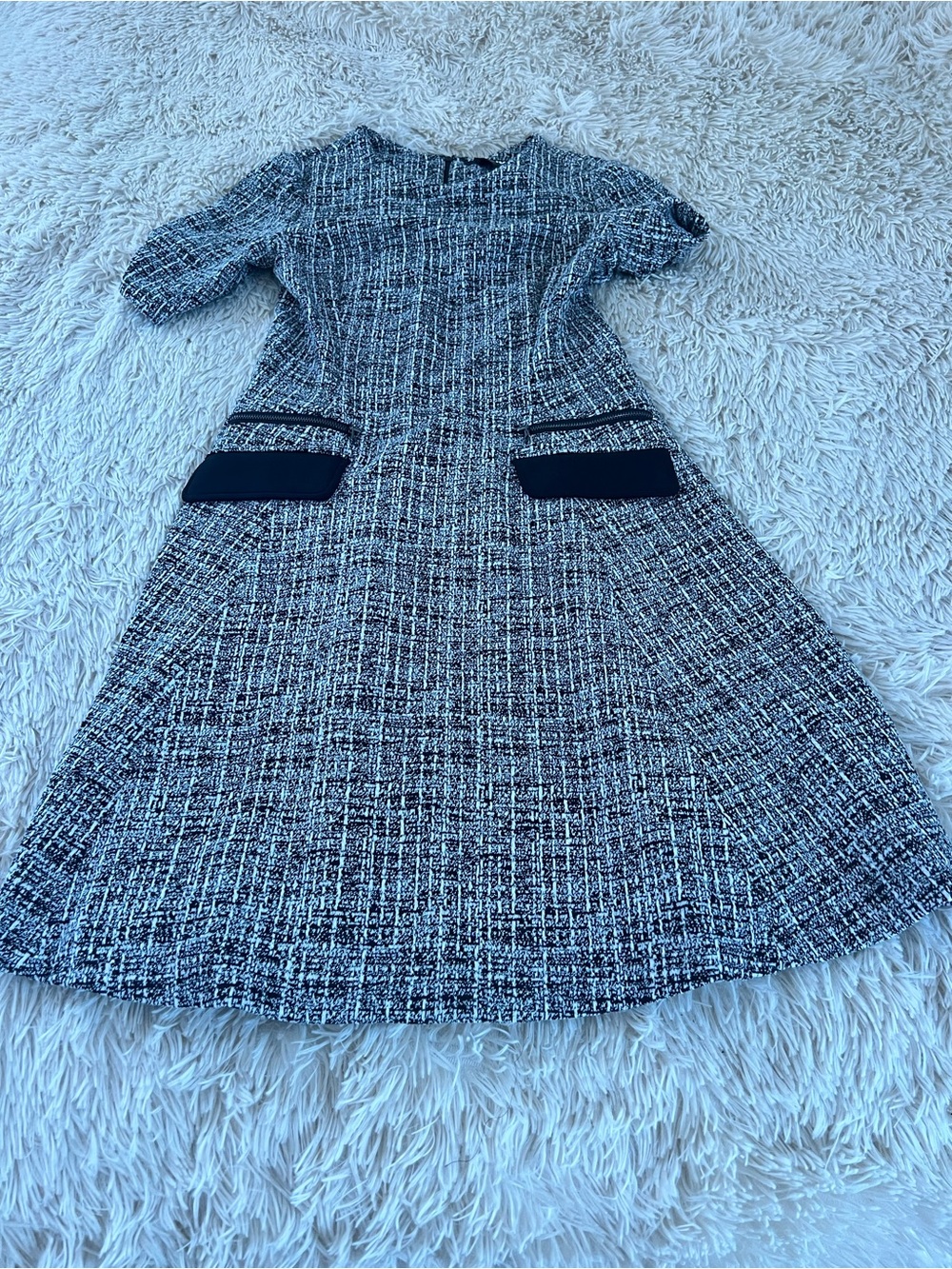 DKNY Black and White Tweed Midi Dress with Contrast Pockets